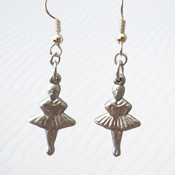Hand Crafted Jewelry - Hand Crafted Earrings Ballerina Chrome Silver Dangle Ballet Dancer Pierced